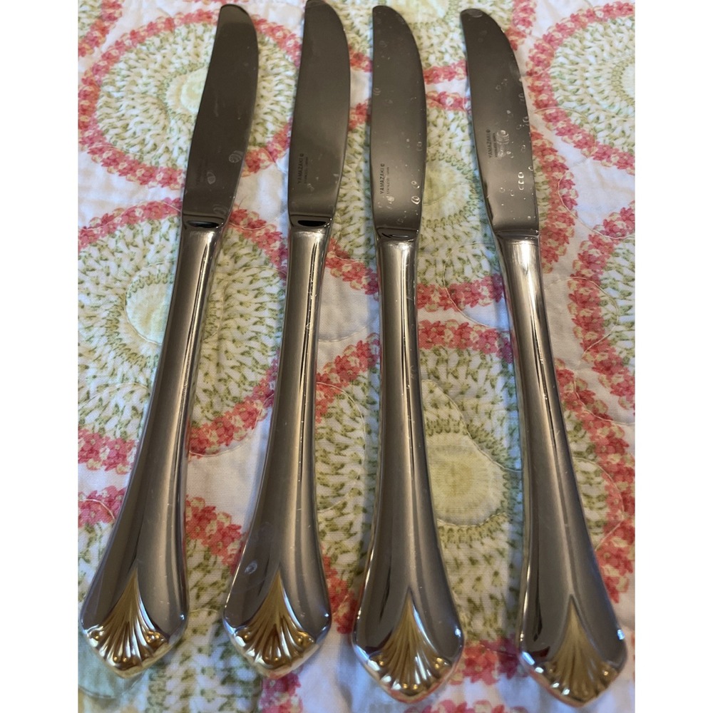 Yamazaki Cara Dinner Knife Gold Accent Glossy Stainless Japan Flatware Set‎ Of 4